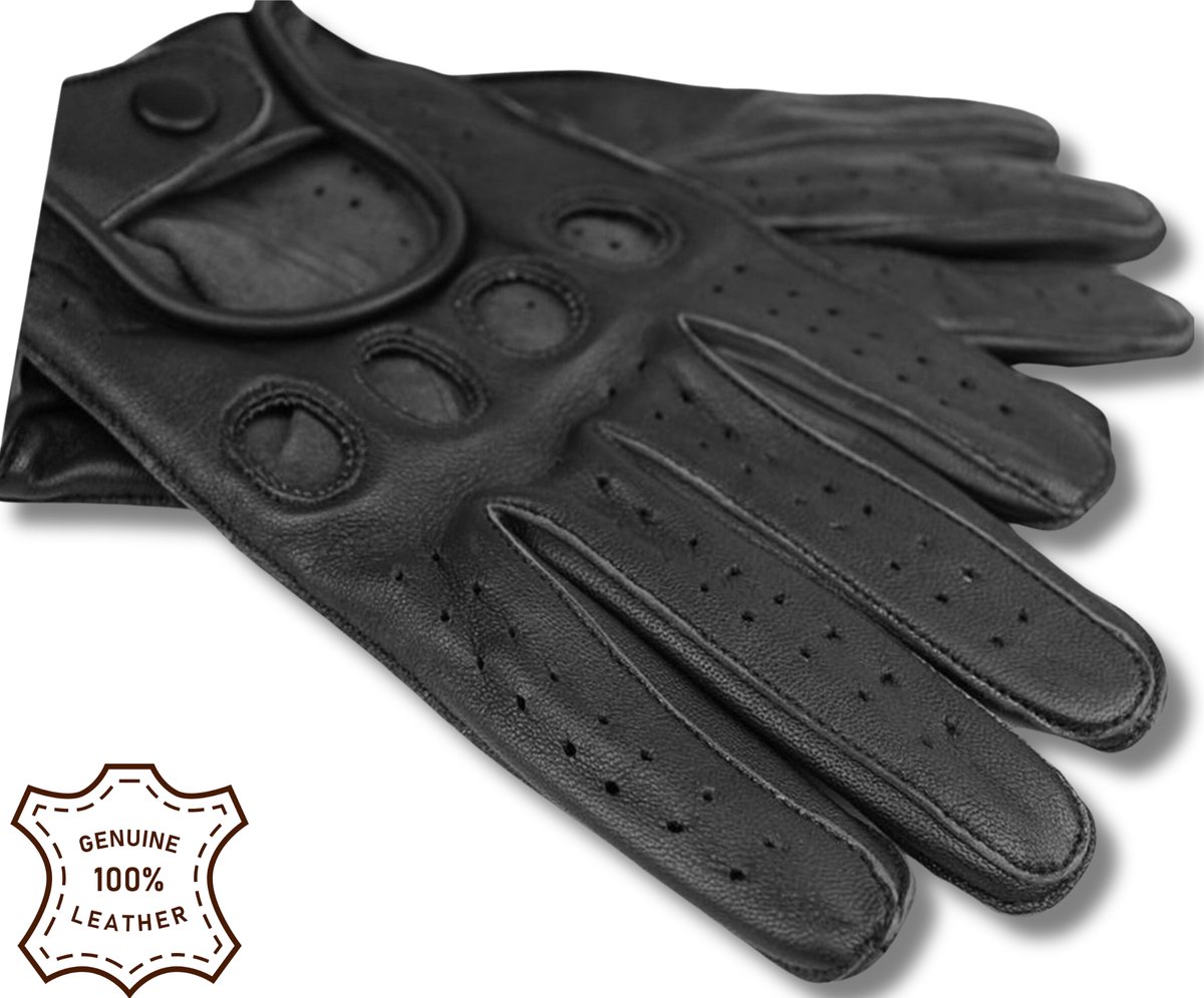 DriveLux™ Race II - Leren Handschoenen Heren - Deep Onyx - Leren Auto/Motor Handschoenen - Driving Gloves - Maat S (: 18,5 - 20,5 cm) - Ademend en Waterbestendig – Gemaakt van Lamsleer