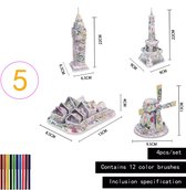 3D puzzel - Coloring puzzel - Kleurplaat - 4 figuren met 12 viltstiften - 3D Gebouwen knutselen