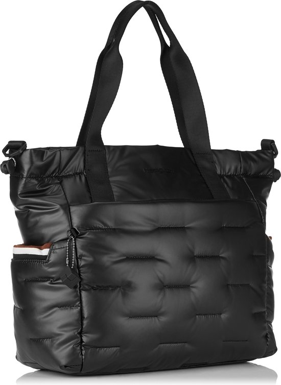 Zwarte Hedgren shopper met gewatteerd design en verstevigde handvatten. Een open vak aan de zijkant met bruine accenten.
