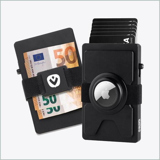 Valenta - Uitschuifbare Pasjeshouder AirTag - AirTag Houder met elastiek - Zwart - RFID NFC Kaarthouder geschikt 6 dunne kaarten - Portemonnee ca 15 pasjes - Briefgeld