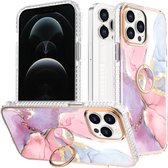 Hoozey - Hoesje geschikt voor Apple iPhone 15 - Marble Ring Case - Hoes met magnetische ringhouder - Roze / Paars