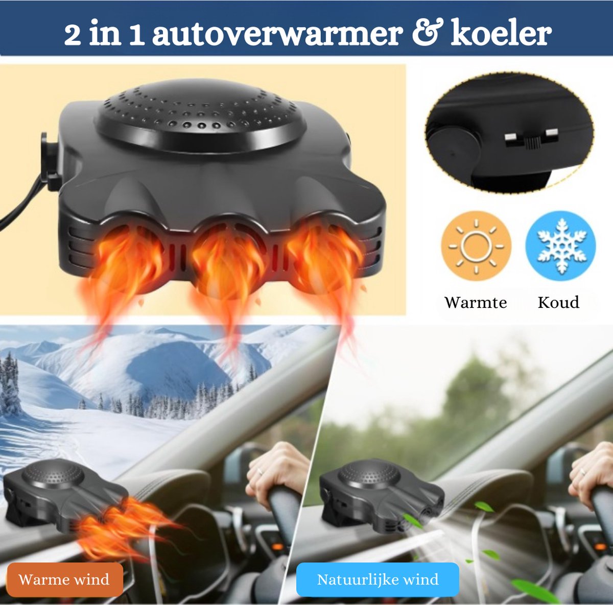 OBEST autovoorverwarming 12V, draagbare verwarming met sigarettenaansteker, voorruit ontdooier ontvochtiger, koelventilator, 360° rondom luchttoevoer, geschikt voor kleine en middelgrote voertuigen