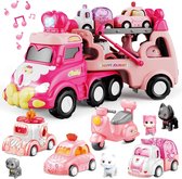 Speelgoedauto voor Meisjes - 9in1 - Speelgoed Transsportwagen 4 Prinsessenauto's & 4 Katten/Honden - met Muziek & Knipperlicht - Cadeau