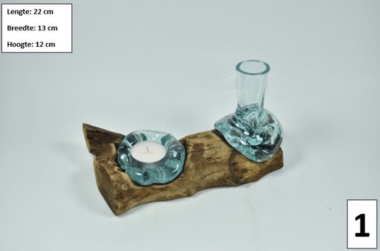 Prohobtools - Gesmolten glas op hout - Kleine Bloemenvaas en Theelichthouder van Gesmolten glas op Hout - Decoratief Beeld - Boomstronk met glas - Ideaal als cadeau