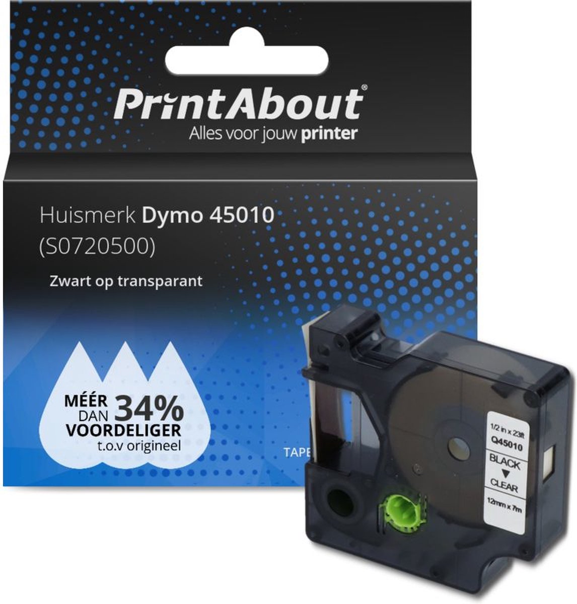 PrintAbout huismerk Tape 45010 (S0720500) Zwart op transparant (12 mm) geschikt voor Dymo