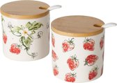 Pot à confiture de fraises Boltze Home avec couvercle en bambou et cuillère dia.7,5x8cm en faïence, le pot à 2 culs passe au lave-vaisselle
