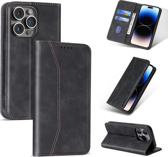 Podec Hoesje met Pasjeshouder Geschikt voor iPhone 11 Pro Zwart Telefoonhoesje - Anti-Shock Bookcase Cover met 1x Screenprotector - Wallet Case