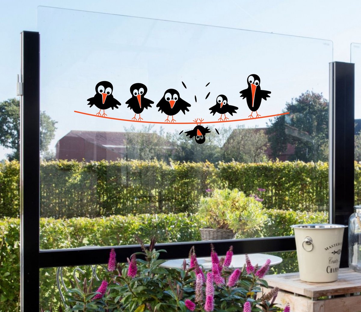 Jerma - Vogels raamstickers - 6 vogels zittend op draad - totale maat ± 60 x 20 cm - Vinyl - veelzijdig