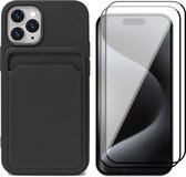 Hoesje Pasjeshouder geschikt voor iPhone 15 Pro Max - 2x Screenprotector FullGuard - Siliconen Case Back Cover Zwart & Screen Protector