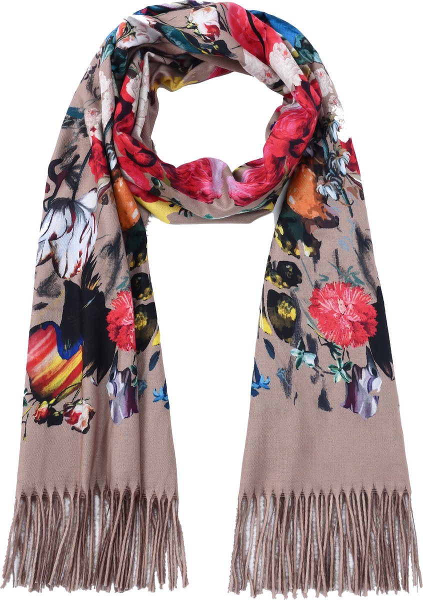Nouka Bruine Multicolor Dames Sjaal - Warme & Lichte Sjaal – Herfst / Winter – Bloemenprint - met Franjes - 70 x 200 cm