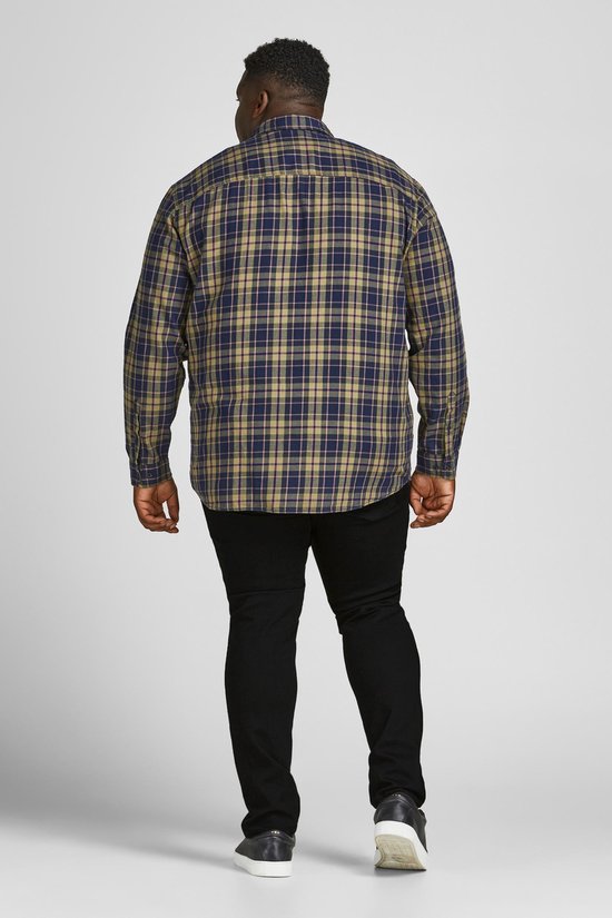 Man met geruite blouse, staand, van achteren gezien.