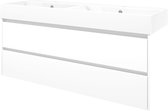 Proline Porselein Loft badmeubelset met wastafelonderkast symmetrisch met 2 laden en glans witte wastafel met 2 kraangaten 140 x 46 x 62 cm, mat wit