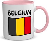 Akyol - belgium vlag koffiemok - theemok - roze - België - reizigers - toerist - verjaardagscadeau - souvenir - vakantie - kado - gift - geschenk - 350 ML inhoud