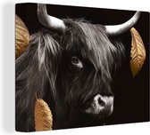 Canvas Schilderij Schotse hooglander - Bladeren - Black & gold - 80x60 cm - Wanddecoratie