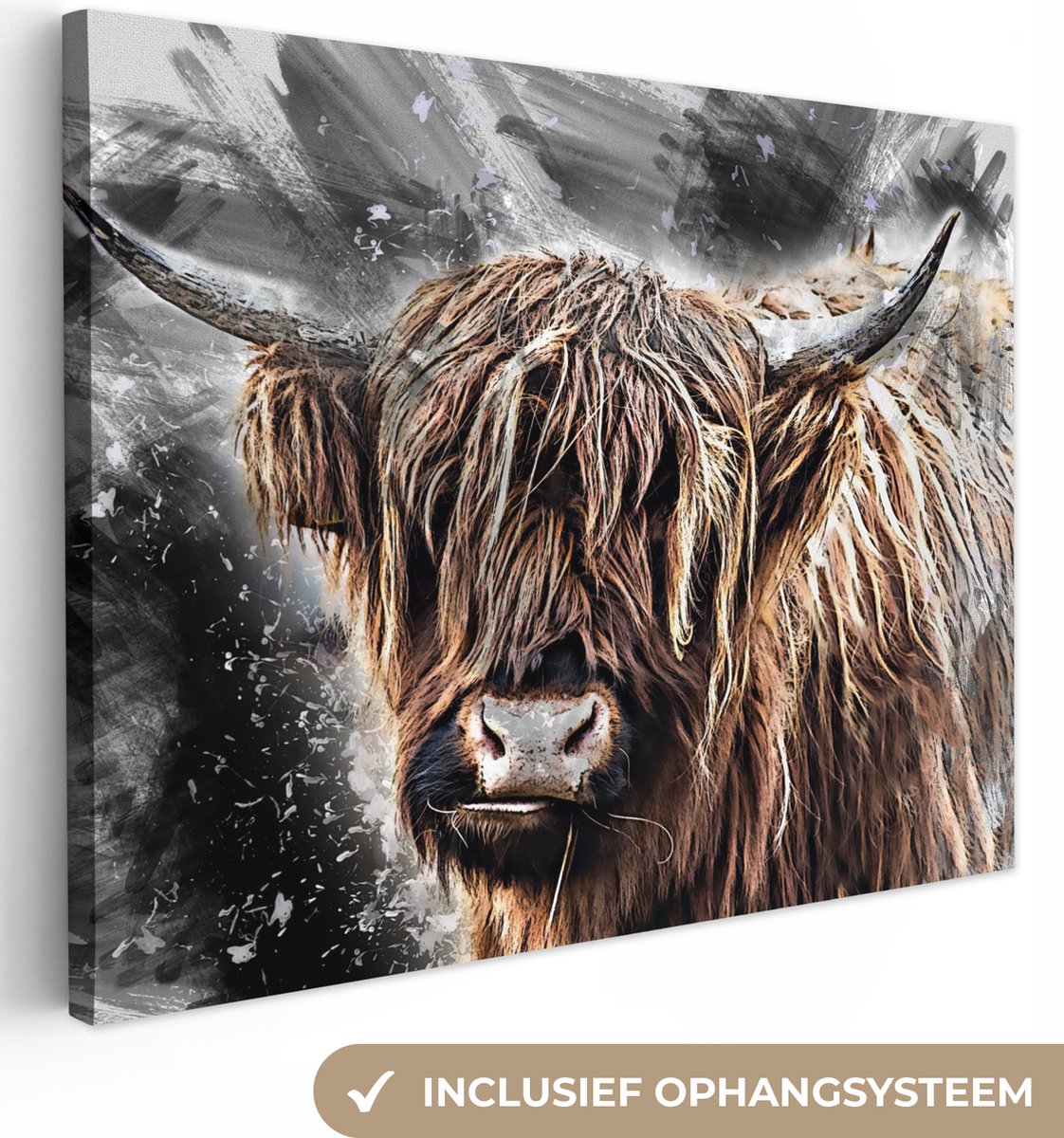 Canvas schilderij 160x120 cm - Wanddecoratie Schotse hooglander - Dieren - Verf - Muurdeco
