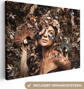 Canvas Schilderij Luxe - Vrouw - Dieren - Vlinders - Vogels - 80x60 cm - Wanddecoratie