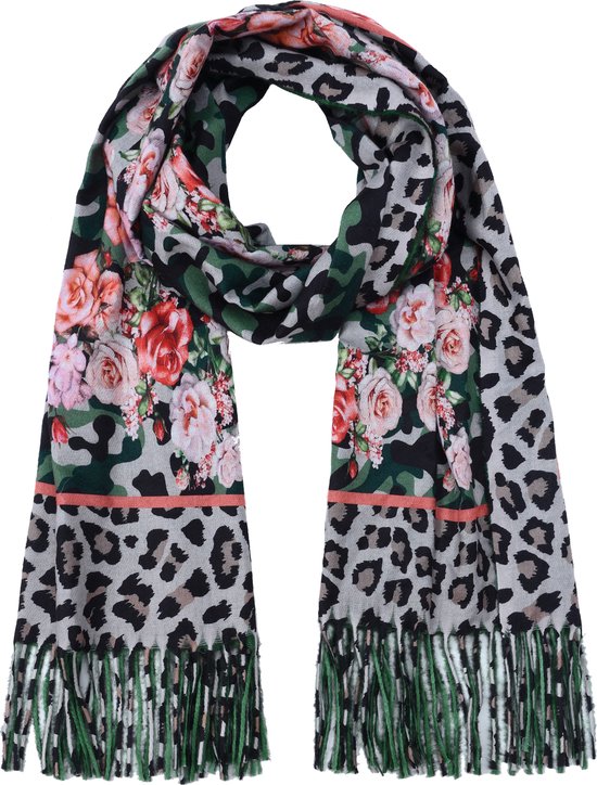 Nouka Grijze & Groene Multicolor Dames Sjaal– Warme & Lichte Sjaal – Panterprint– Bloemenprint– Herfst / Winter – met Franjes – 70 x 180 cm