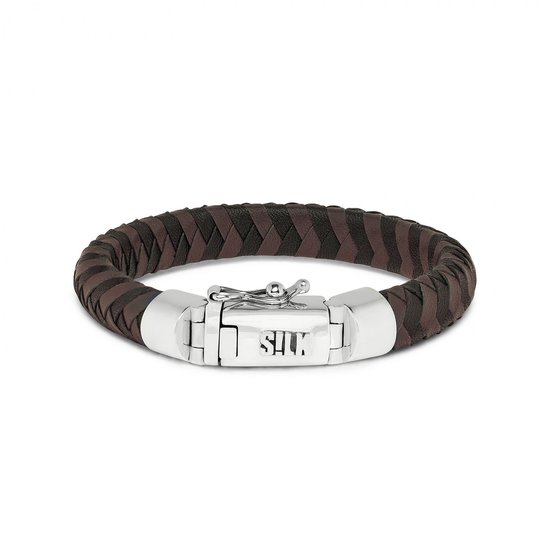 SILK Jewellery - Zilveren Armband - Arch - 326BBR.21 - bruin/zwart leer - Maat 21
