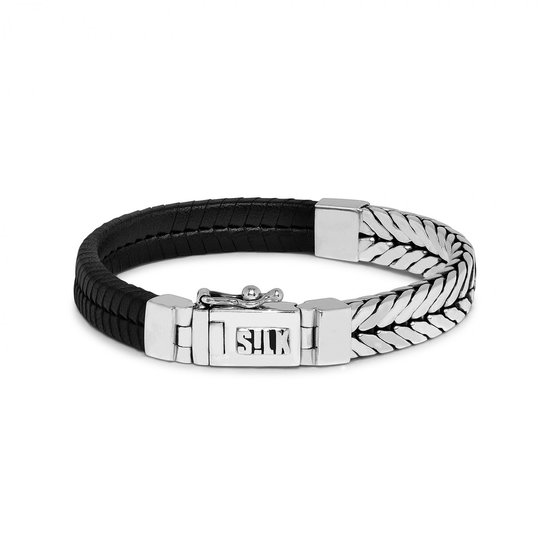 SILK Jewellery -252BLK Zilveren met zwart lederen Armband - Chevron