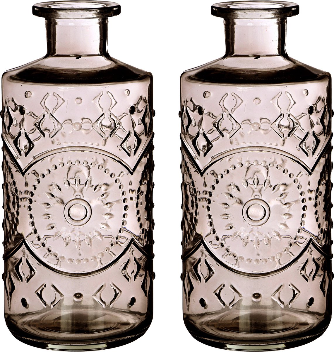 Ideas4seasons Bloemenvaas/flesvaas Berlin - 2x - met motief - helder glas - smoke grijs - D9 x H21 cm