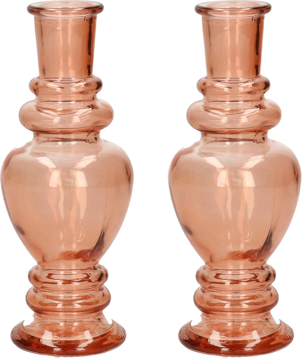 Ideas 4 Seasons Bloemenvaas Venice - 2x - voor kleine stelen/boeketten - gekleurd sierglas - helder zacht oranje - D5.7 x H15 cm