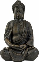 Boeddha beeldje zittend - binnen/buiten - kunststeen - antiek bruin - 38 x 25 cm - Relaxed - huisbeeldje