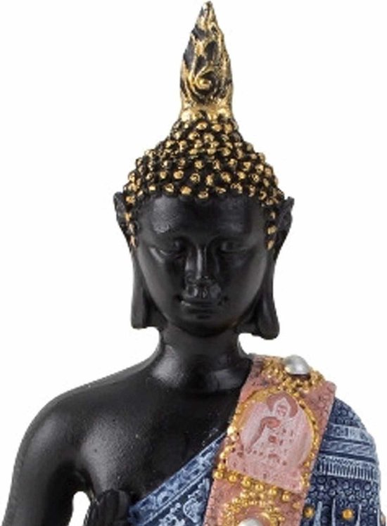 Zittende Boeddha met zwarte huid en gedetailleerd gouden en blauw gewaad.