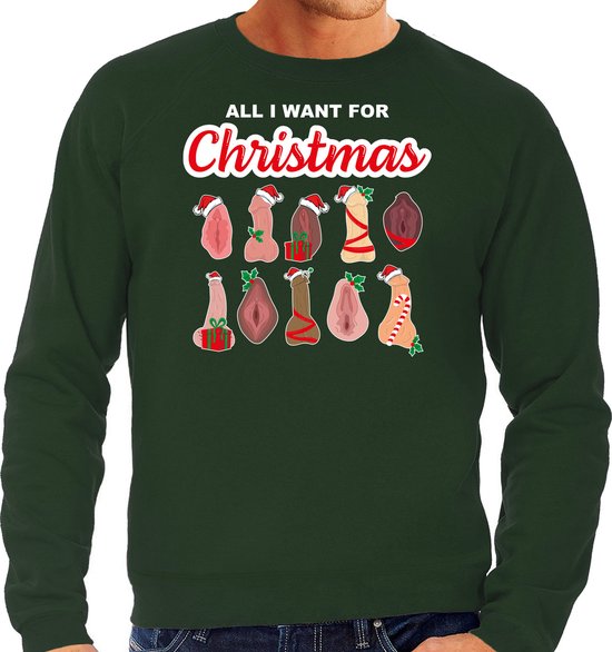 Bellatio Decorations foute kersttrui/sweater heren - All I want for Christmas - piemel/vagina -groen XL