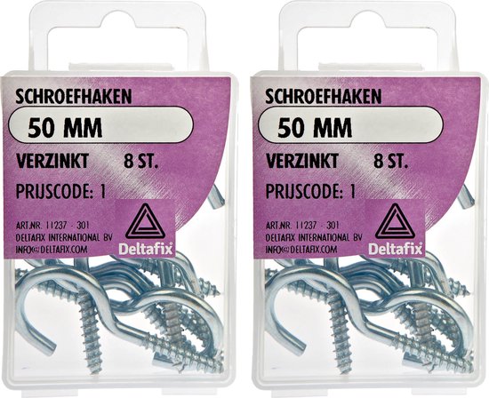 Twee verpakkingen met elk 8 verzinkte schroefhaken van 50 mm.