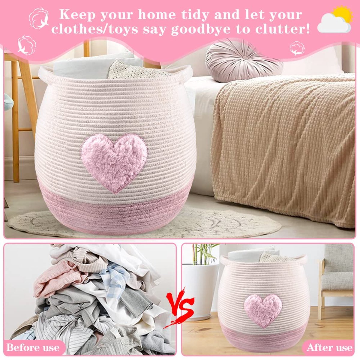 Tesmien Grand Panier à Linge / Jouets – Corde Coton Naturel, Pliables, Poignées Solides, Kaki Enfant & Bébé