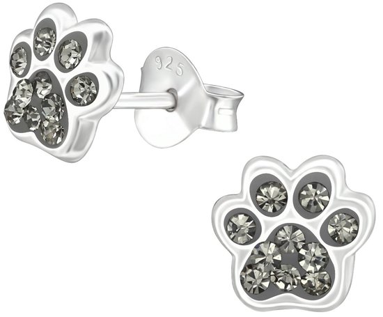 Joy|S - Zilveren hond kat dierenpoot oorbellen - black diamond grijs - 7 x 6 mm - poot afdruk oorknoppen