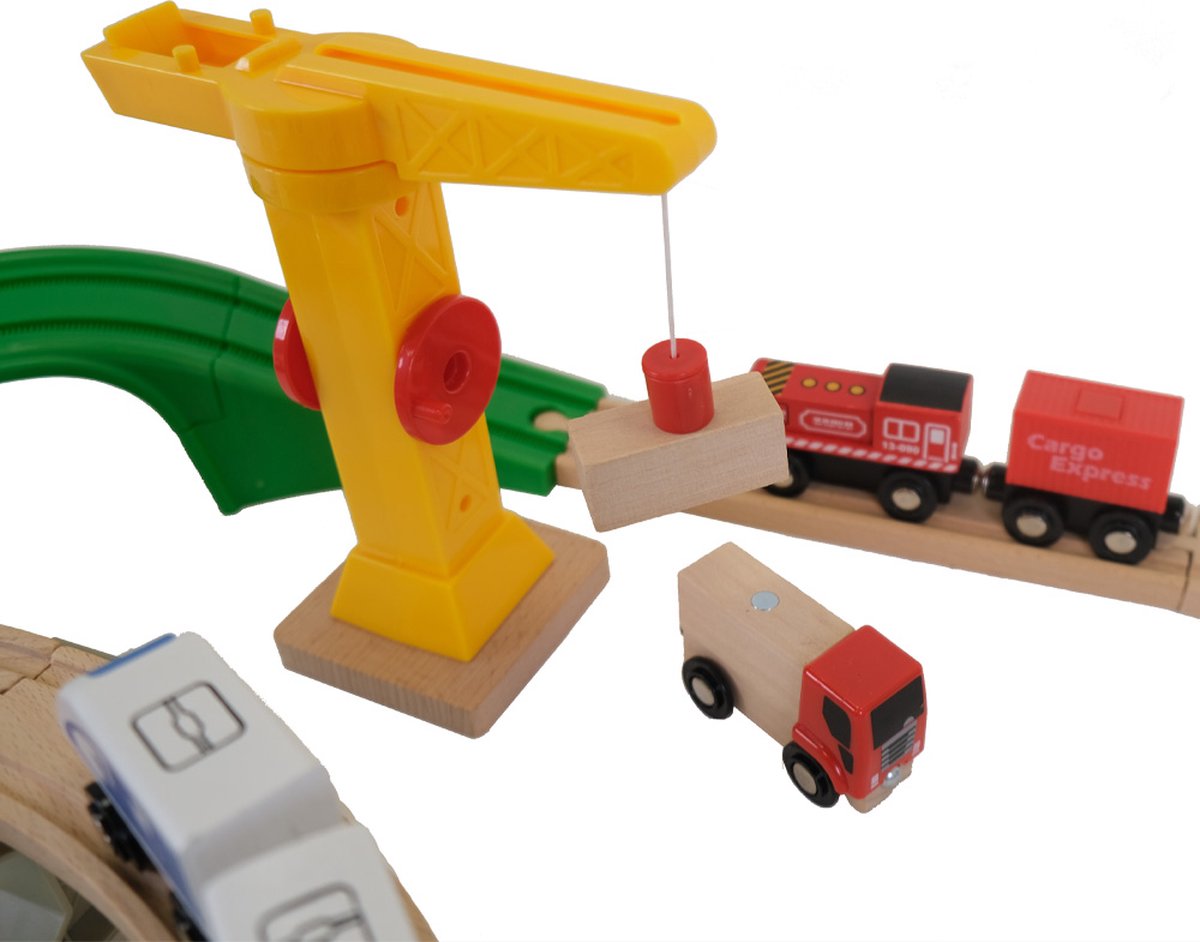 Bandits & Angels Houten Treinset Transport Thema 100 delig vanaf 3 jaar voor Jongens en Meisjes - Trein Set van Hout inclusief Accessoires - 100 delen - Houten Treinbaan met Trein, Hijskraan, Vliegtuig, Helikopter — afbeelding 7