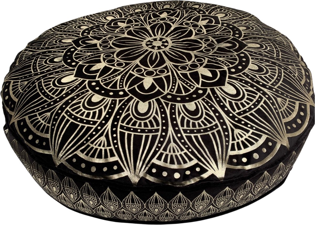 Rocaflor Zitkussen fluweel rond zwart goud mandala print 70 cm
