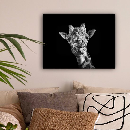Tableau sur toile Girafe sur fond noir en noir et blanc - 40x30 cm - Décoration murale