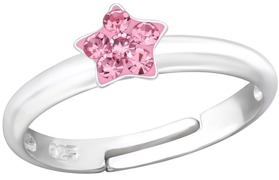 Joy|S - Zilveren ster ring - verstelbaar - kristal roze - voor kinderen