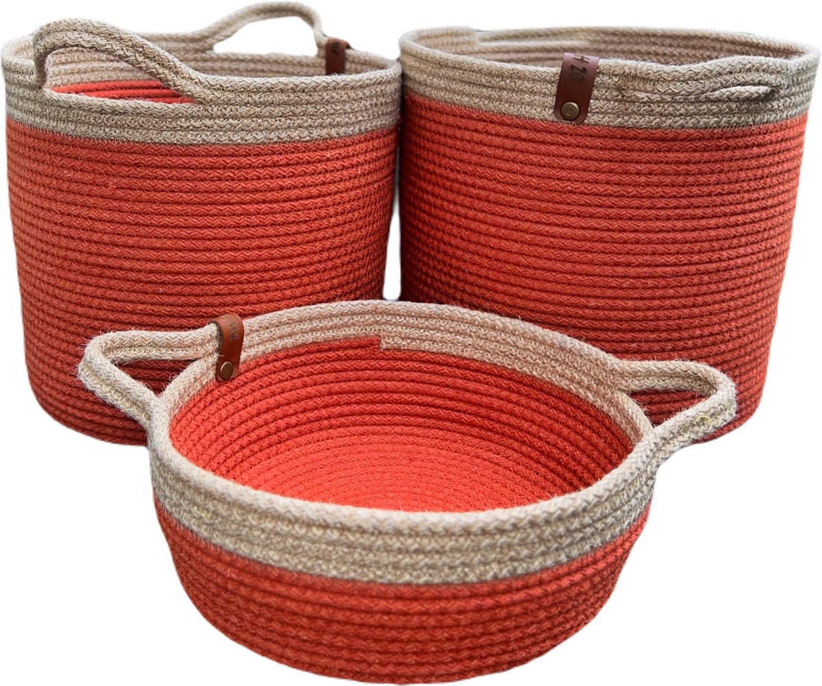 OZ Home - 3-delige Mandenset - Oranje/Beige - Duurzaam & Stijlvol - Voor Opslag en Decoratie
