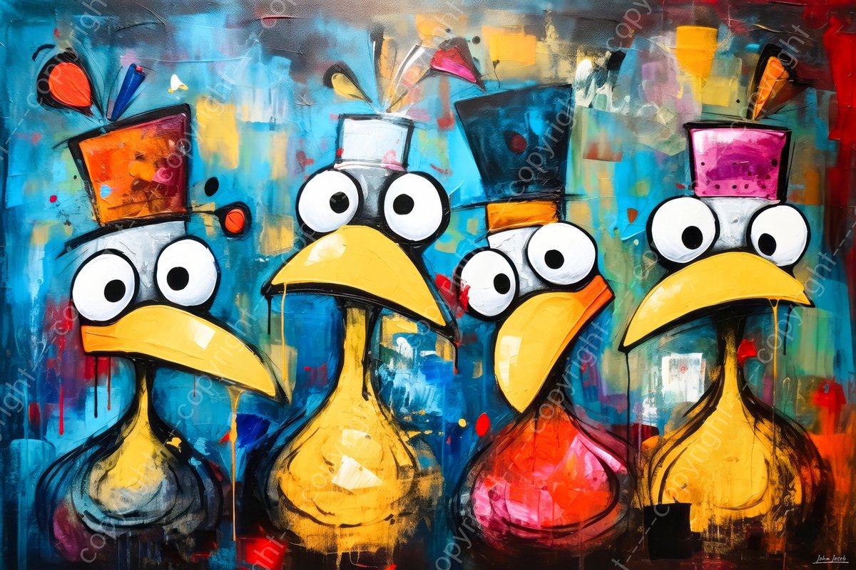 John Joseb Art (Glas) 120x80 | Eenden kuikens, grappig, kleurrijk, abstract, kunst, woonkamer | dier, eend, kuiken, vogel, blauw geel, oranje, rood, modern | Foto-schilderij-glasschilderij-acrylglas-acrylaat-wanddecoratie