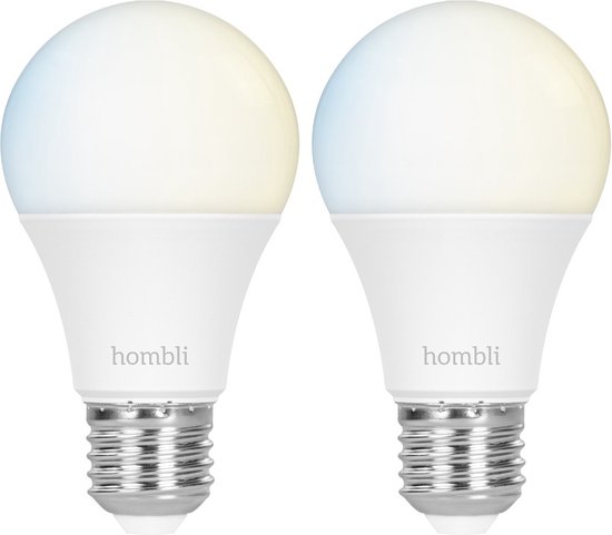 Twee Hombli slimme lampen naast elkaar, E27, met logo en lichtverloop van koel wit naar warm wit.