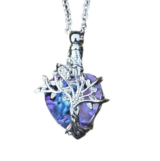 Bijoux by Ive - Pendentif en frêne - Pendentif en frêne avec chaîne - Collier - Blauw avec coeur violet et arbre de vie argenté