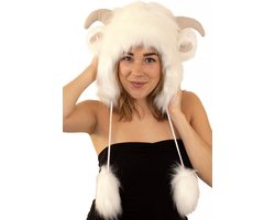 KIMU Schaap Muts Touwtjes - Geit Bontmuts Oortjes - Bont Ram Wit Nepbont Hoorns Oren Pompoms Pluche Fake Fur Bonten Hoofddeksel Carnaval