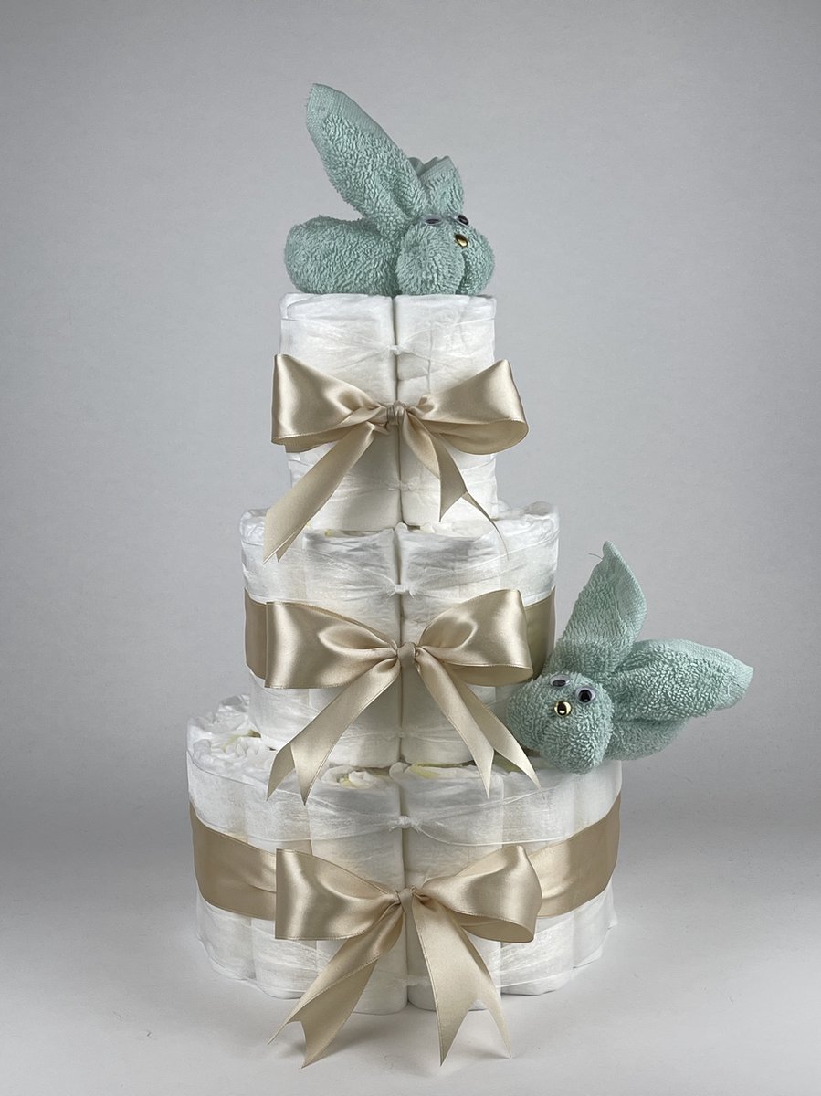 Goedkoopste Chouette-Chouette | Luiertaart Neutraal | Kraamcadeau | Geboorte Jongen Meisje | Babyshower | Konijnen Mint groen - Beige