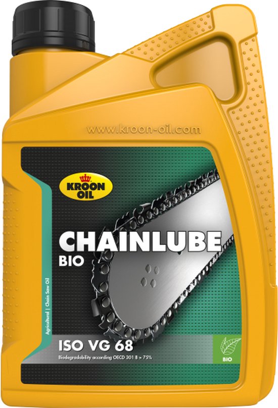Gele fles kettingolie met zwart deksel. Label toont een zaagketting en de tekst 'CHAINLUBE BIO ISO VG 68'.