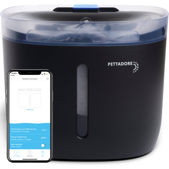 Pettadore Hydrate Compact 2 - Drinkfontein Kat/Hond - Slimme Waterfontein Kat met App - Kattenfontein - 1,9L - Zwart