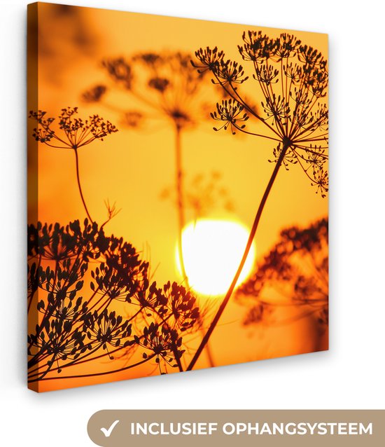 OneMillionCanvasses - Canvas - Schilderij - Zon - Planten - Oranje - Horizon - Foto op canvas - Canvas doek - 90x90 cm - Wanddecoratie