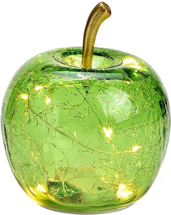 Foto: Glazen lichtgroene appel met 10 led verlichting 12 cm