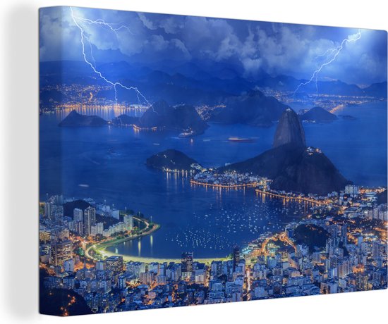 Canvas schilderij 180x120 cm - Wanddecoratie Storm - Rio de Janeiro - Nacht - Muurdecoratie woonkamer - Slaapkamer decoratie - Kamer accessoires - Schilderijen