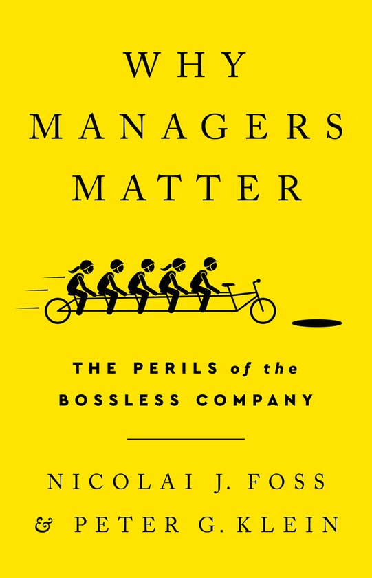 Livre "Why Managers Matter". Couverture jaune avec le texte "WHY MANAGERS MATTER" et une illustration de cinq personnes sur un tandem.