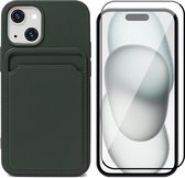 Hoesje Pasjeshouder geschikt voor iPhone 15 Plus - Screenprotector FullGuard - Siliconen Case Back Cover Groen & Screen Protector