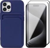 Hoesje Pasjeshouder geschikt voor iPhone 15 Pro Max - 2x Screenprotector FullGuard - Siliconen Case Back Cover Blauw & Screen Protector