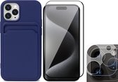 Hoesje Pasjeshouder geschikt voor iPhone 15 Pro - Screenprotector FullGuard + Camera Lens Screen Protector - Siliconen Case Back Cover Blauw